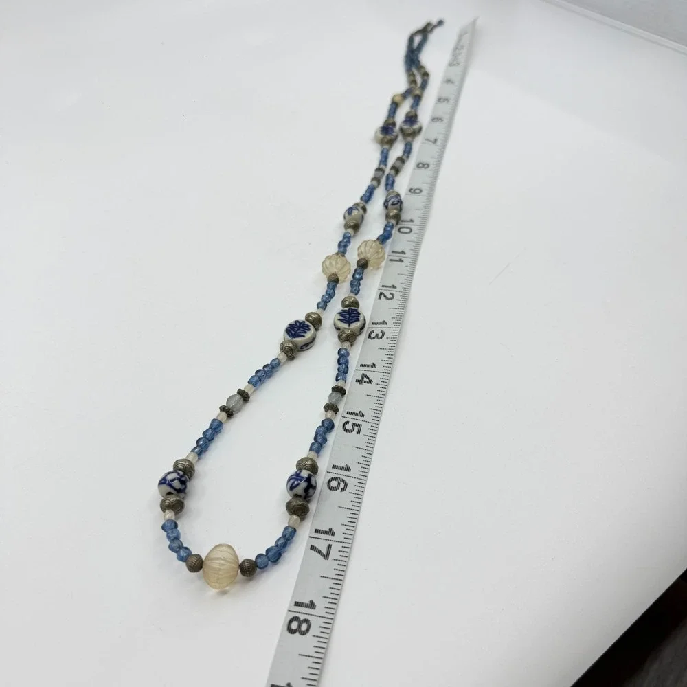 Blue White Porcelain Floral Bead Necklace Carved Acrylic Boho Statement Gift